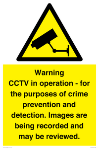 Warning CCTV in operation - for the purposes of crime prevention and detection. Images are being recorded and may be reviewed.